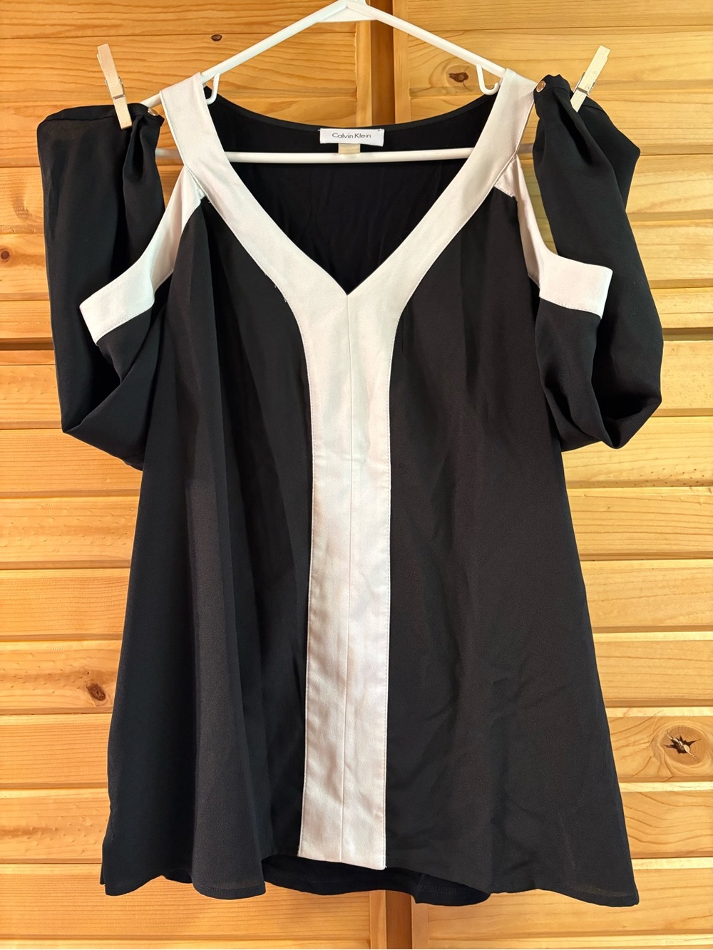 Calvin Klein Blouse Black with White V-Panel and Cold-Shoulder Sleeves, Size M